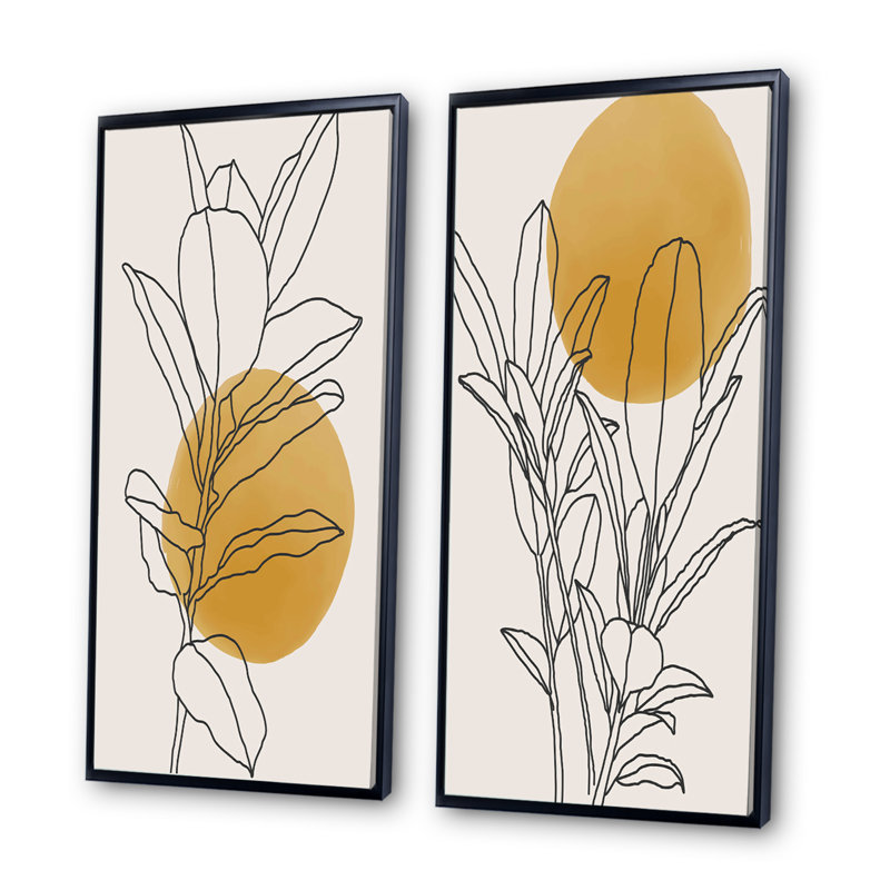 Branche botanique jaune avec feuilles I - ensemble de 2 peintures, H 32 po x l 32 po, Impression encadrée, Noir