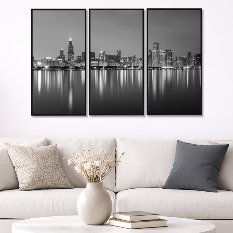 Chicago Skyline at Night, noir et blanc - 3 pièces, cadre photo flottant sur toile, H 28 po x l 36 po, Noir