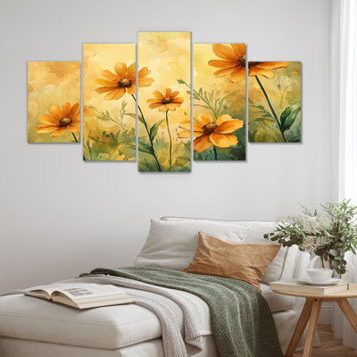Été Zinnias ensoleillé pétales III - Zinnias Wall Art - décoration murale traditionnelle 5 pièces
