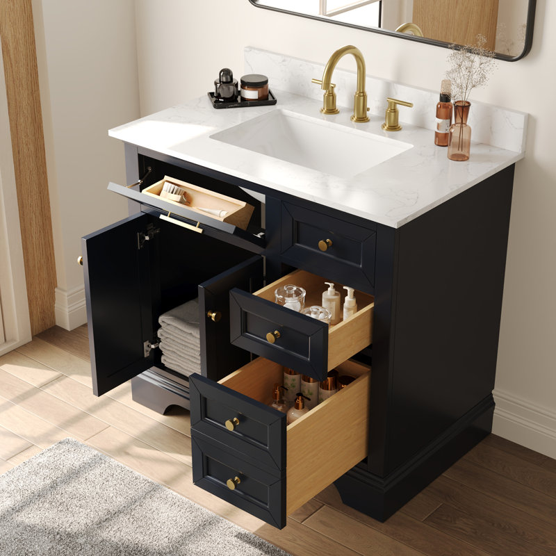 Heritage 36'' Fully Assembled Single Bathroom Vanity with Backsplash, 3 Colors Available White/ Navy Blue/ Gray, Navy Blue