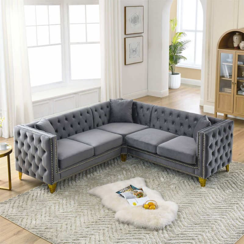 Canapé modulaire en L de 82,2 po en velours avec 3 coussins, parfait pour les salons et les bureaux, alliant confort et élégance