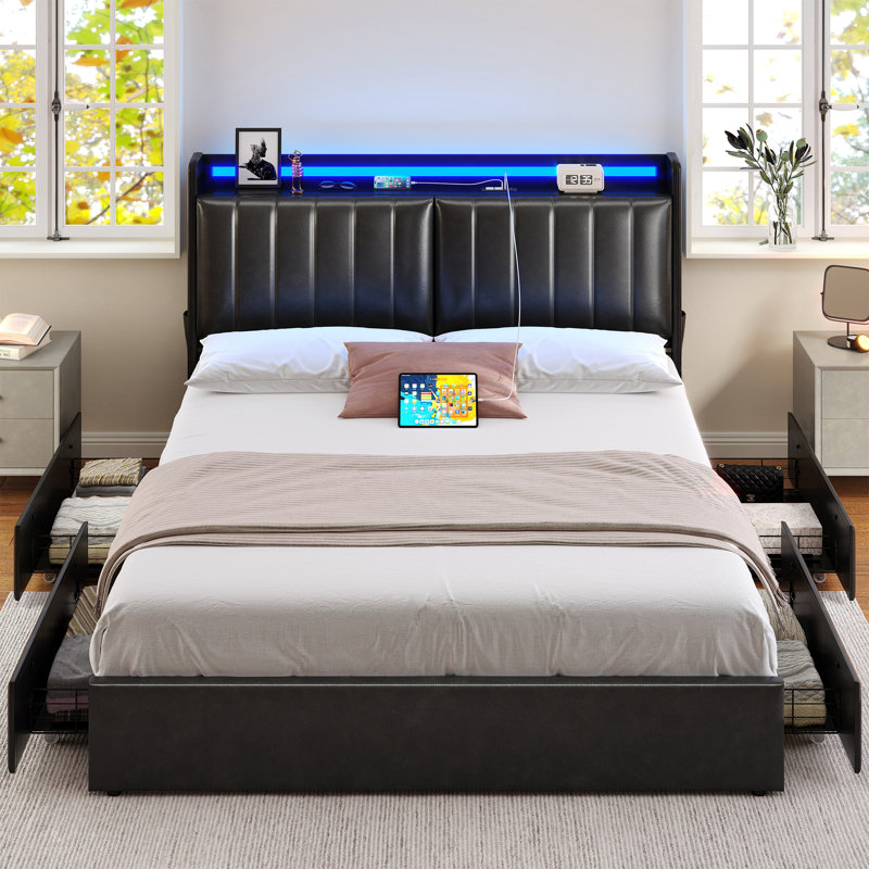 Sharella Upholstered Storage Bed With Charging Station And LED Lights, Queen