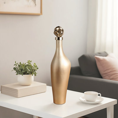Decorative Slim Bottle Glass Vase with Metal Lid for Home Decor - Artisitic Tall Flower Vase for Living Room Table and Entryway Display - Gold