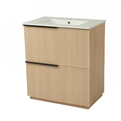 Meuble-lavabo de 30 po avec lavabo en céramique et tiroirs pleine extension, glissières de tiroir à fermeture en douceur, conception cannelée, naturel