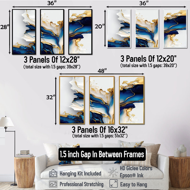 Abstract Geode Gold and Blue Marble Canvas Art Set
