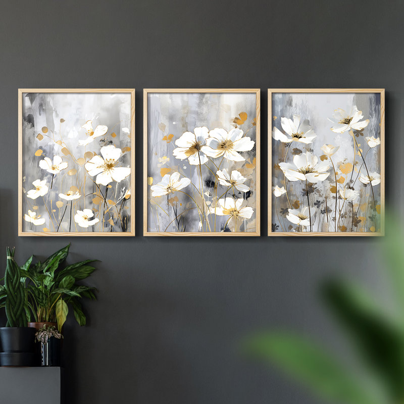Étude florale Cxxxvi -Set de 3 estampes giclées encadrées -Prêt à, Naturel, H 28 po x l 22 po