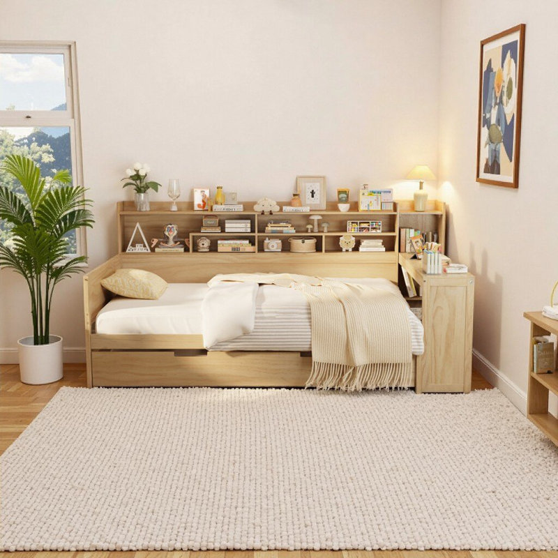 Lit de jour double en bois naturel avec tablettes de rangement, lit gigogne simple et bureau d'étude intégré