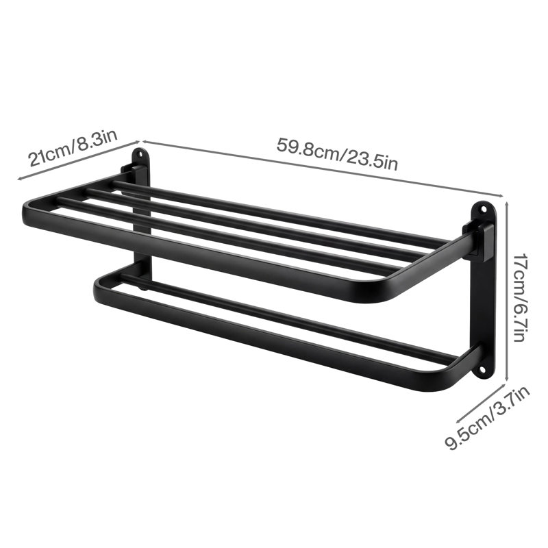 Towel Holder with 2 Bars Wall Mounted No Drill Bathroom Shelf Black