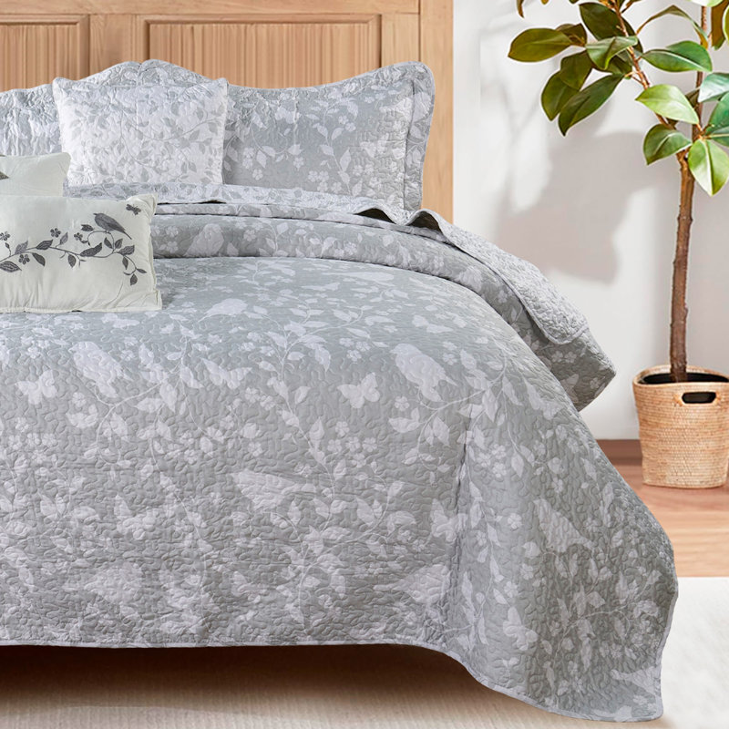 Ensemble de courtepointe 6 pièces en microfibre imprimée, Gris / blanc, Couvre-lit très grand + 2 très grandes taies dé