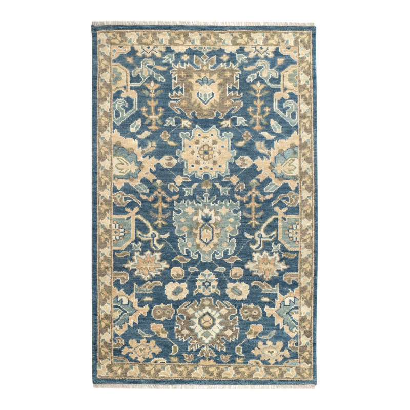 Tapis bleu marine en laine noué à la main Camille, Rectangle 9 pi 6 po x 13 pi 6 po
