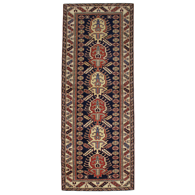 Tapis unique bleu marine / ivoire en laine 3 pi 5 po x 9 pi 2 po Tribal