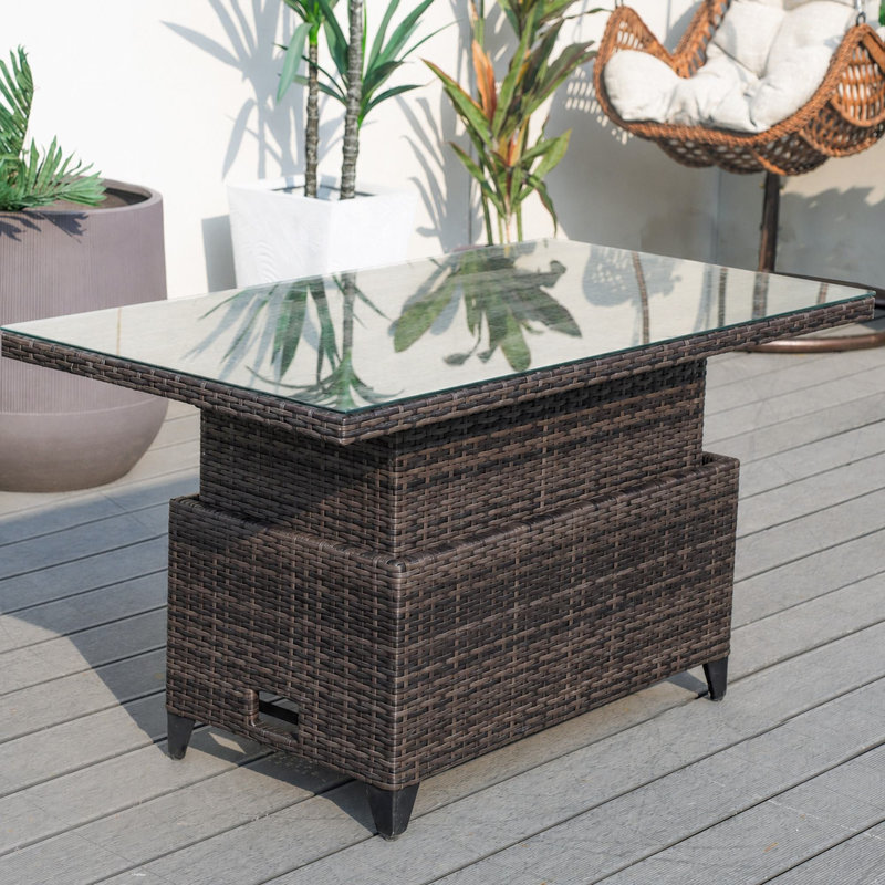 Rectangular Wicker Adjustable Outdoor Dining Table, Brown, Brown