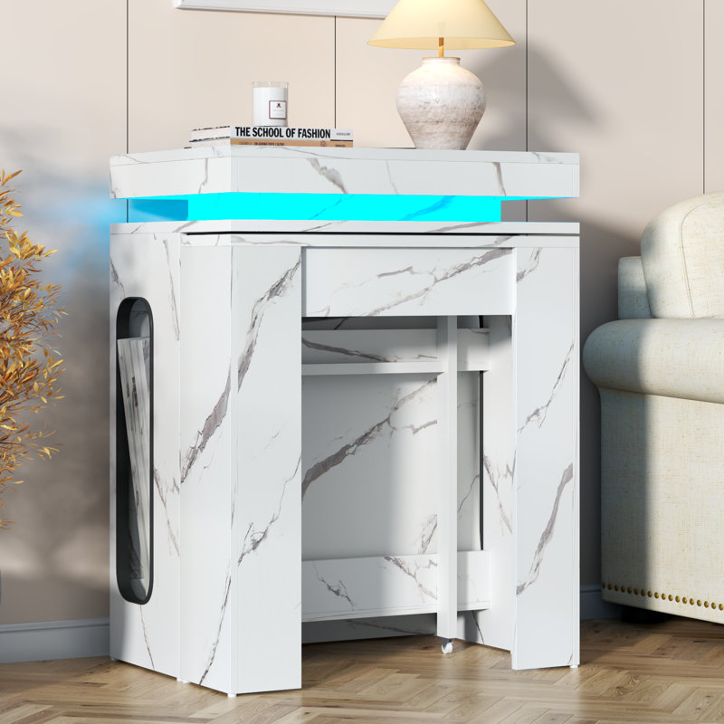 Extendable Dining Table With Charging Station & Led Lights, 19.7" To 98.4" White Faux Marble Dining Table