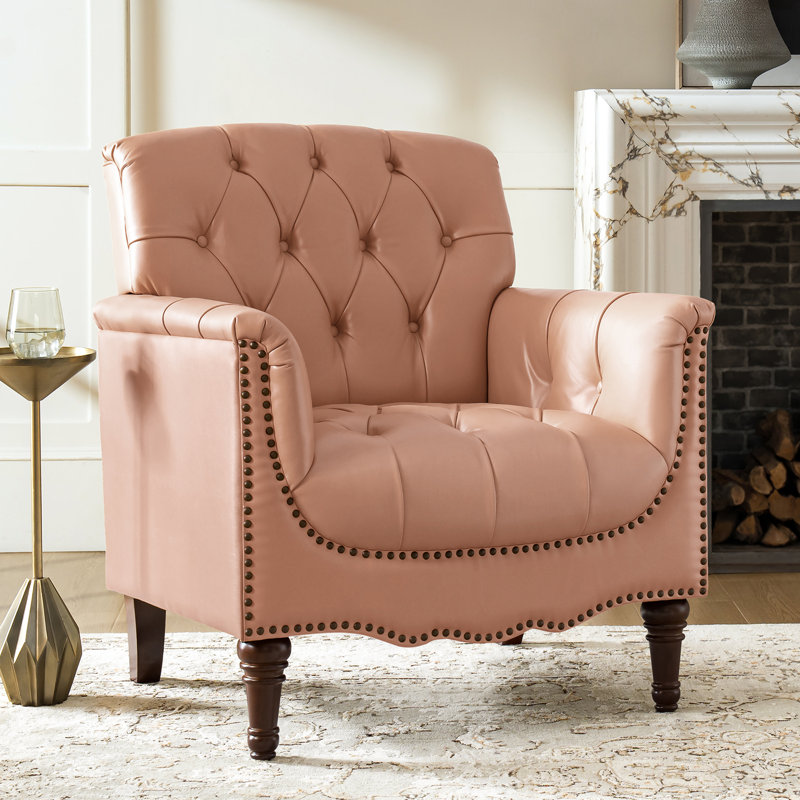 Fauteuil en cuir véritable capitonné Annja, Cuir fleur rose