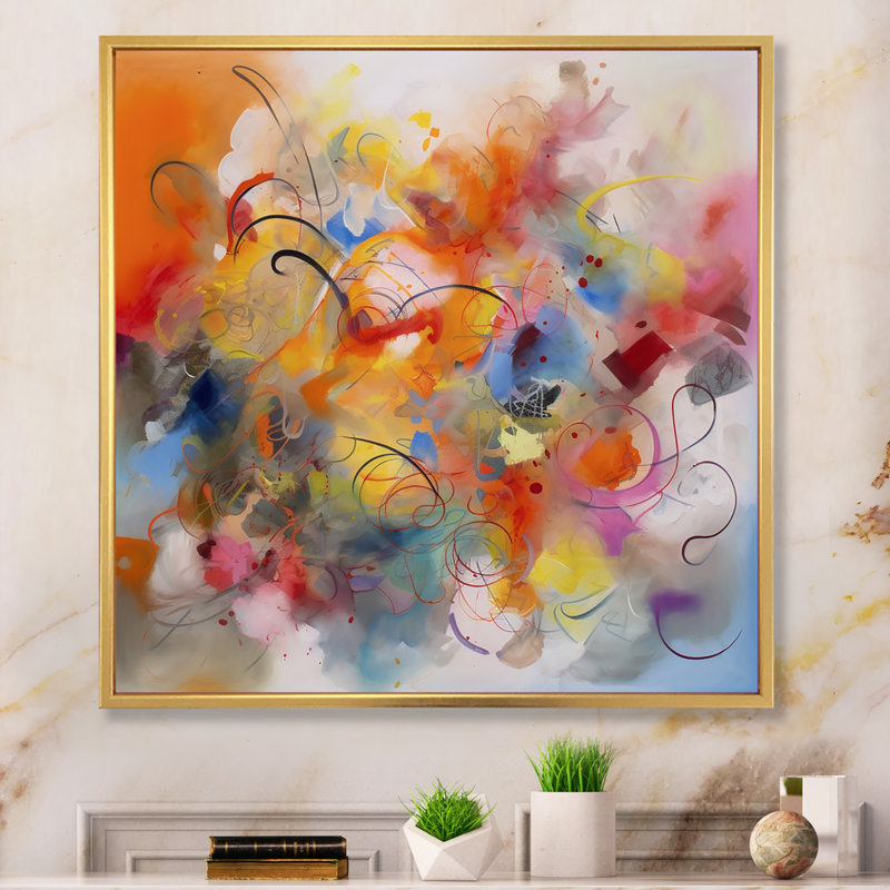 Tourbillons colorés bleus, jaunes et oranges III - impression, H 16 po x l 32 po x P 1 po, Cadre flottant doré