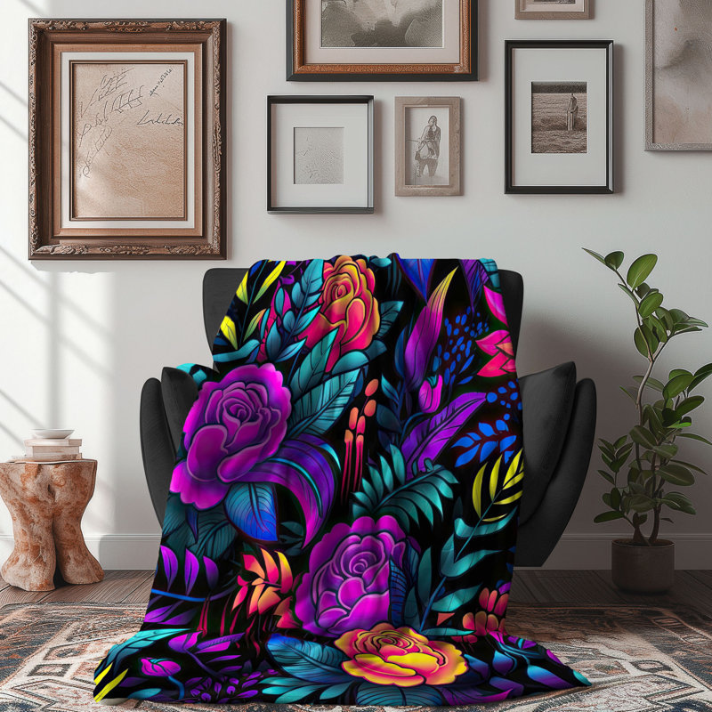 Jeté Eclectic Neon Imagery - 1 pièce Sherpa Bla Premium, Lit simple