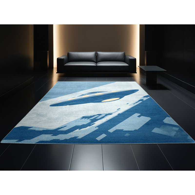 Machine Washable Kendari Alien Flying Saucer Modern Rug in Gray – SkyBlue Binding, 8x10