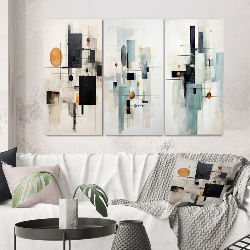 «Yellow Suprematism Geometric Symphony», 3 pièces sur toile, Toile tendue, H 32 po x l 48 po