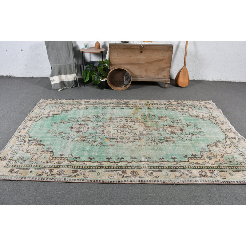 Grand tapis turc vintage en laine délavé Anatolian idéal pour les décorations de salon et de chambre à coucher Beige / vert