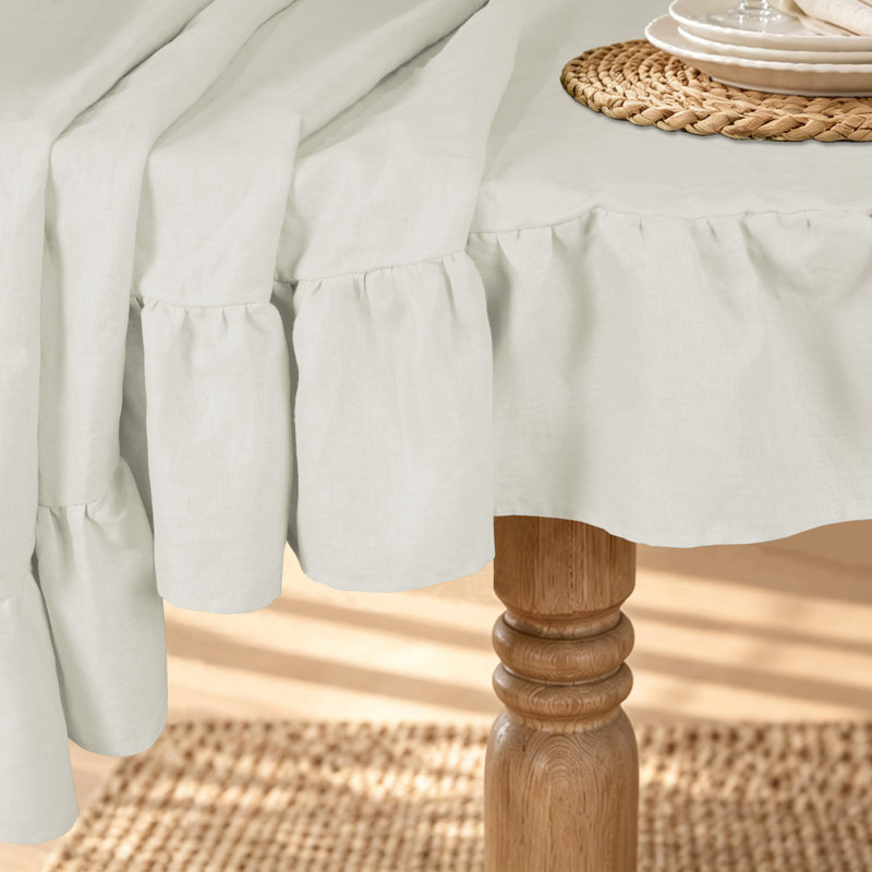 100% Linen Solid Tablecloth with Ruffle Edge, White