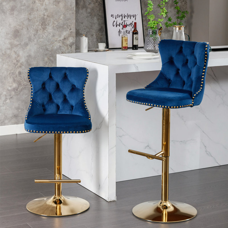 Tabourets de bar pivotants en velours d'une hauteur de siège réglable de 25 à 33 po, tabourets de bar rembourrés avec dossier capitonné confortable pour un pub à domicile et un îlot de cuisine, ensemble de 2