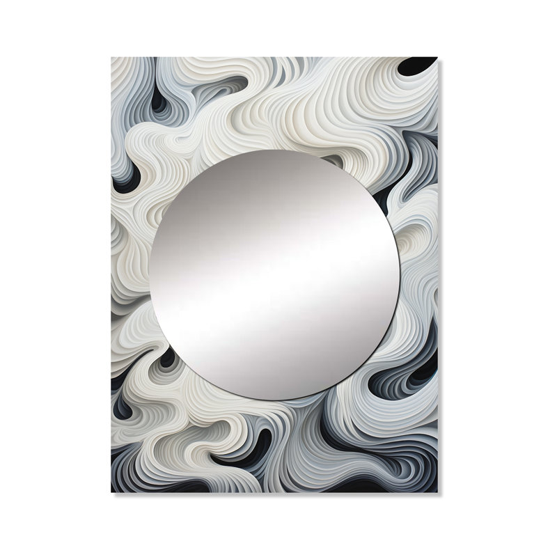 «Floyde», opus monochrome noir et blanc Waves I - miroir décoratif Op Art, miroir mural blanc, impression sur métal