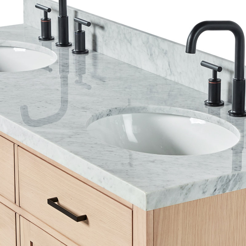 Meuble-lavabo double en bois massif Tidworth avec plateau en marbre de Carrare de 1,5 po, Chêne naturel / noir mat, Ovale