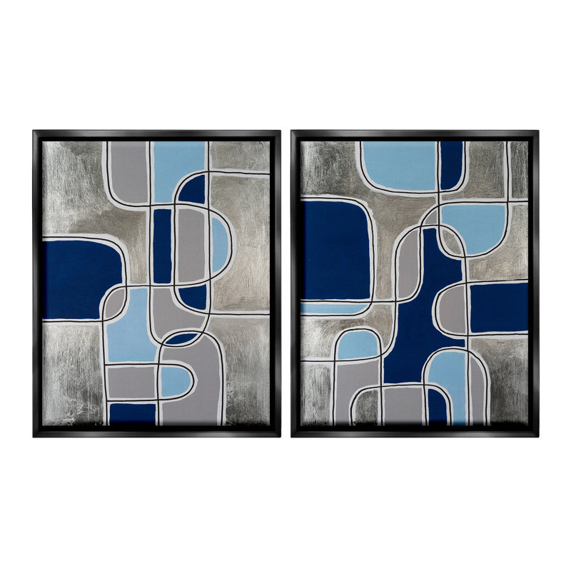 "Blue and Gray Geometrics" par Michael Willett 2 - pièces sur, Cadre flottant noir de jais, H 31 po x l 50 po