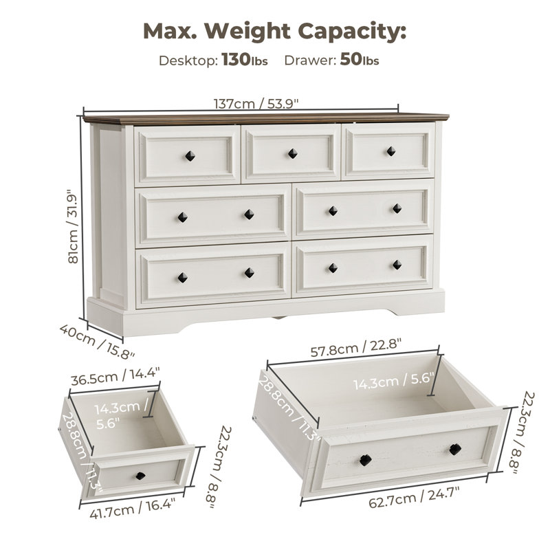 Commode 7 tiroirs Farmhouse pour chambre à coucher, blanc antique, Blanc / Brun