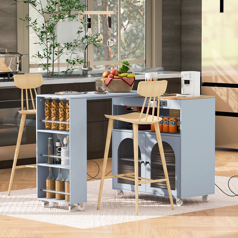 Îlot de cuisine roulant avec table allongée, îlot de cuisine sur roulettes avec lumières DEL, prises de courant et 2 portes en verre cannelé, îlot de cuisine avec compartiment de rangement et 3 tablettes ouvertes latérales