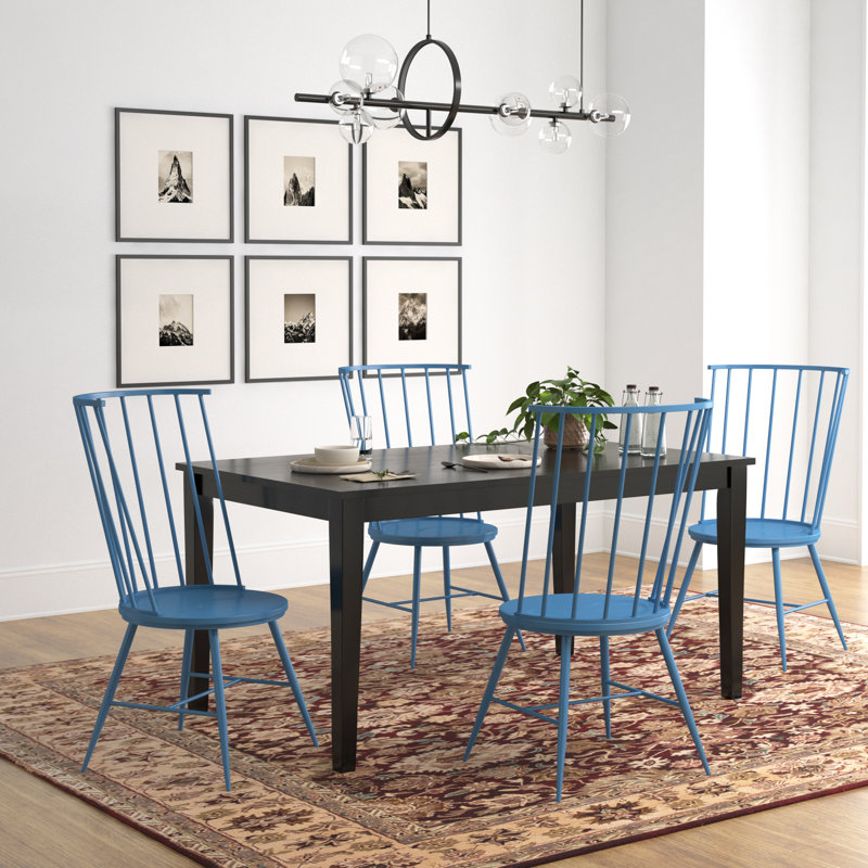 Blum 60" Black Finish Dining Set - 5-Piece, Black Dining Table And High Back Windsor Dining Chairs, Blue Steel