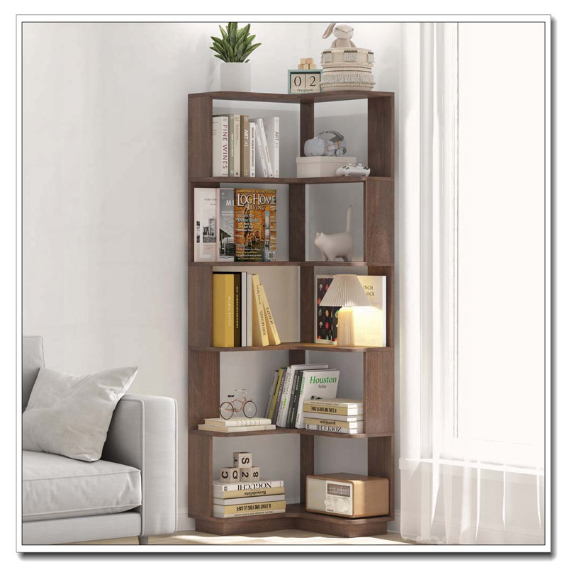6 Tier Freestanding L-Shaped Corner Bookshelf For Living Room, Dark Brown