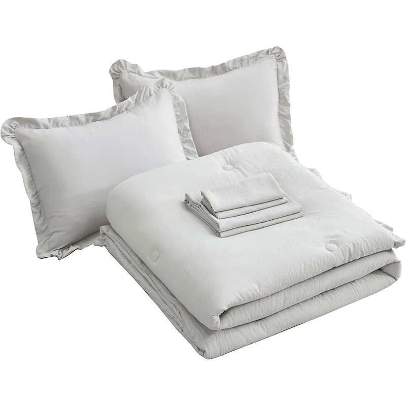 Ruffled Edge Microfiber Bed in a Bag Comforter Set, Queen Comforter + 6 Additional Pieces, Light Gray