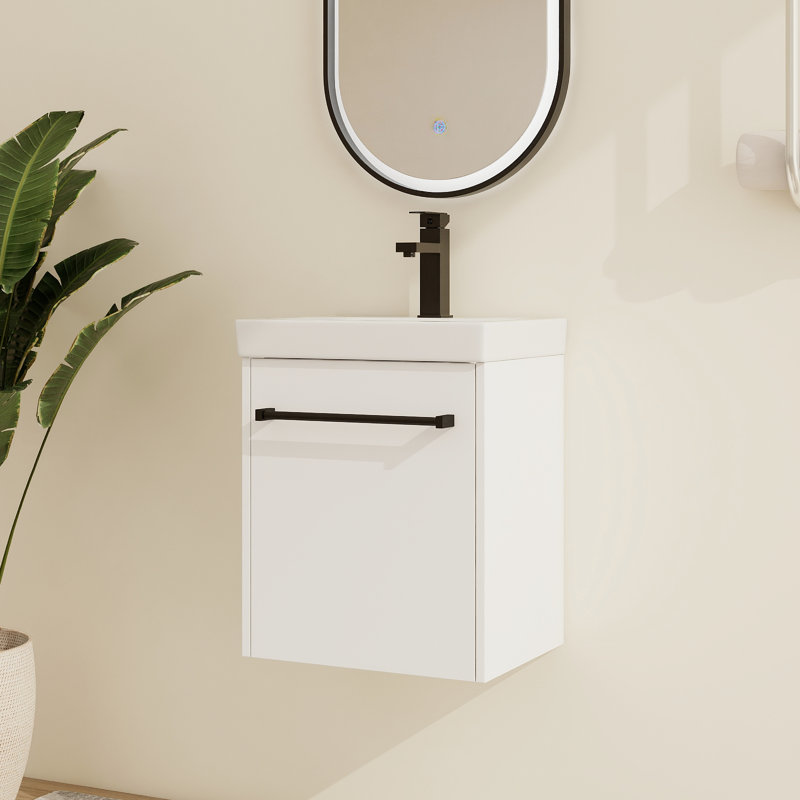Ilkar 18'' Wall Mounted Single Bathroom Vanity With Ceramic Vanity Top, Glossy White