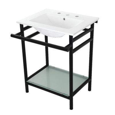 Lavabo console Kingston en céramique Sheridan 24 pouces avec pieds en acier inoxydable et tablette en verre (3 trous) Kingston