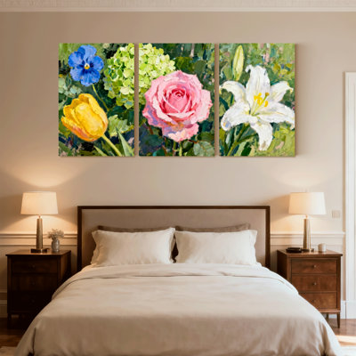 Plantes et fleurs, ensemble de 3 impressions sur toile, tulipes et lys roses