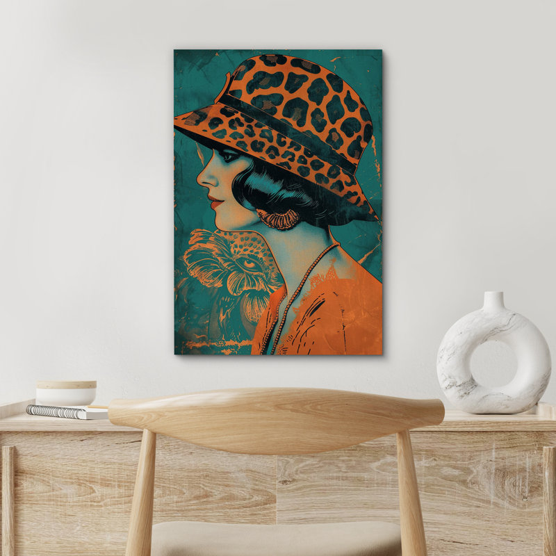 Élégance léopard orange, chapeau, dame, mode, BCBG, décoration de chambre, impression sur toile encadrée, H 18 po x l 12 po