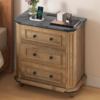 3-Drawer Nightstand With Built-In Outlets And Solid Wood Legs