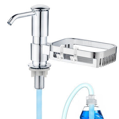 Soap Dispenser For Kitchen Sink With Sponge Holder, Built In Soap Dispenser Pump, Under Counter ABS Pump Head With 38" Extension Tube Kit, Good Suction Power, Chrome