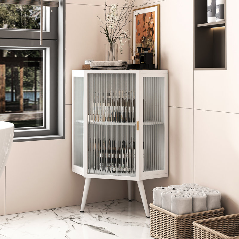Armoire d'angle 21,64 "avec porte en verre trempé et rangement - Blanc pour salle de bain, chambre à coucher, salon, espace simple fonctionnel élégant
