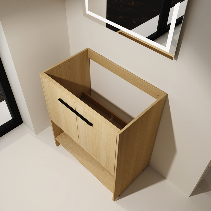 Meuble-lavabo autoportant en contreplaqué de 30 po, armoire à 2 portes, surface à eau, facile à installer, conception américaine, assemblage de finition chêne, agencement de couleurs chêne