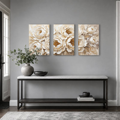 Ensemble de 3 impressions sur toile crème pivoines avec accents dorés