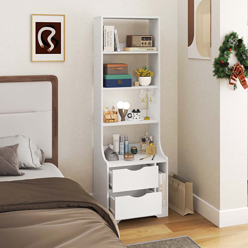 Night Stand with Bookshelf And Drawers, White