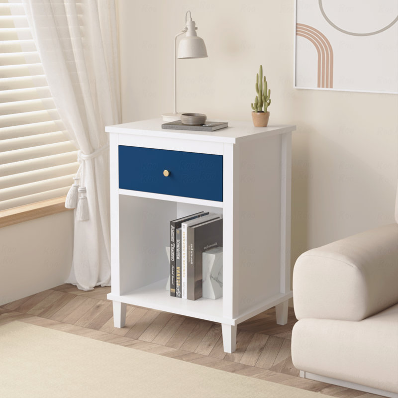 Table de chevet en bois de 26,77 po de hauteur avec un tiroir et une tablette pour enfants, adultes, marine et poignée dorée