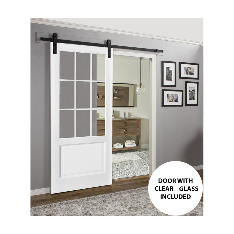 Porte de grange robuste Felicia 3599 Blanc Soie avec vitrage transparent, rail de 2 m, quincaillerie renforcée, porte intérieure à panneau plein - 107 cm x 213 cm - vitrage transparent - rail noir