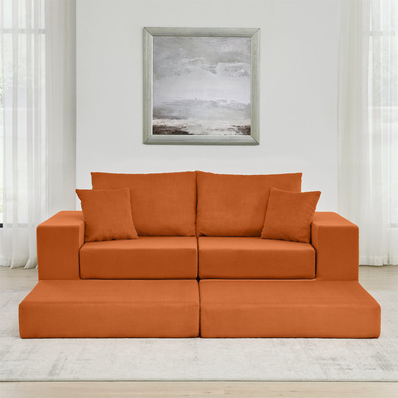 Boneless L-Shaped Sofa with Removable Ottoman, Deep Seat and Throw Pillows, Orange Corduroy