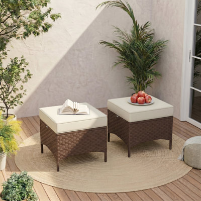 Wicker Outdoor Patio Ottomans With Cushions