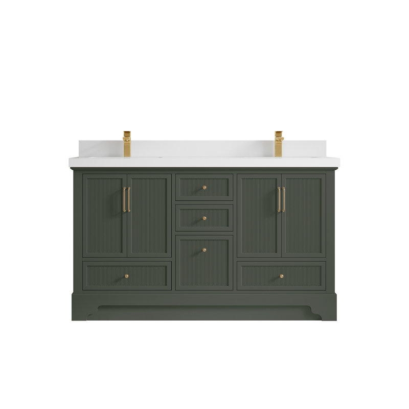 Meuble-lavabo double autoportant de 60 po avec plateau en quartz Alys (option poignées)
