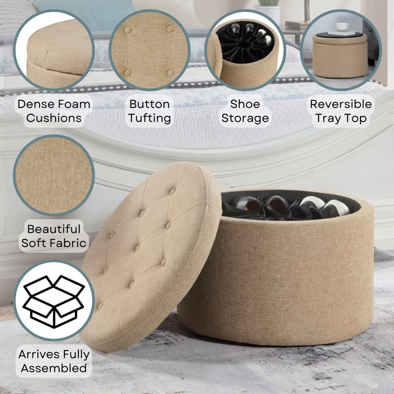 Stansell 22" Wide Tufted Round Storage Ottoman, Tan Fabric