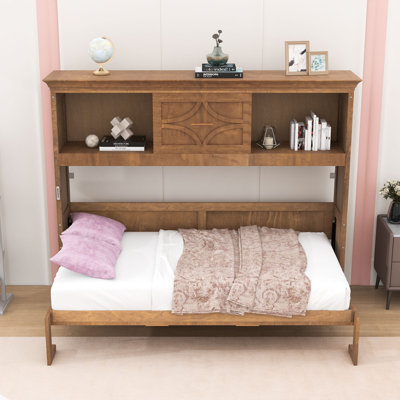 Twin Wood Murphy Bed with 1 Drawer and Shelves and Charging Station